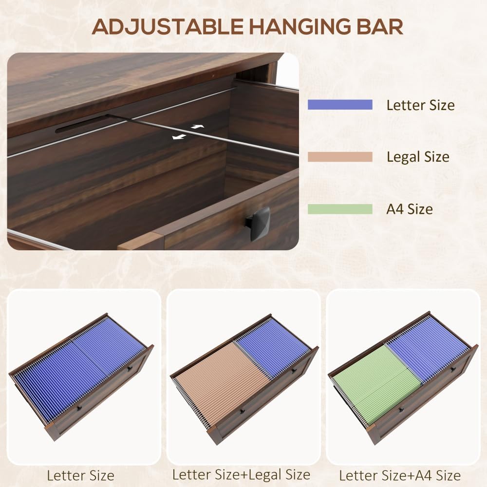 2 Drawer File Cabinet with Lock, Lateral Filing Cabinet with Keys and Adjustable Hanging Bar for Letter, A4 and Legal Size, File Cabinet for Home Office, Brown