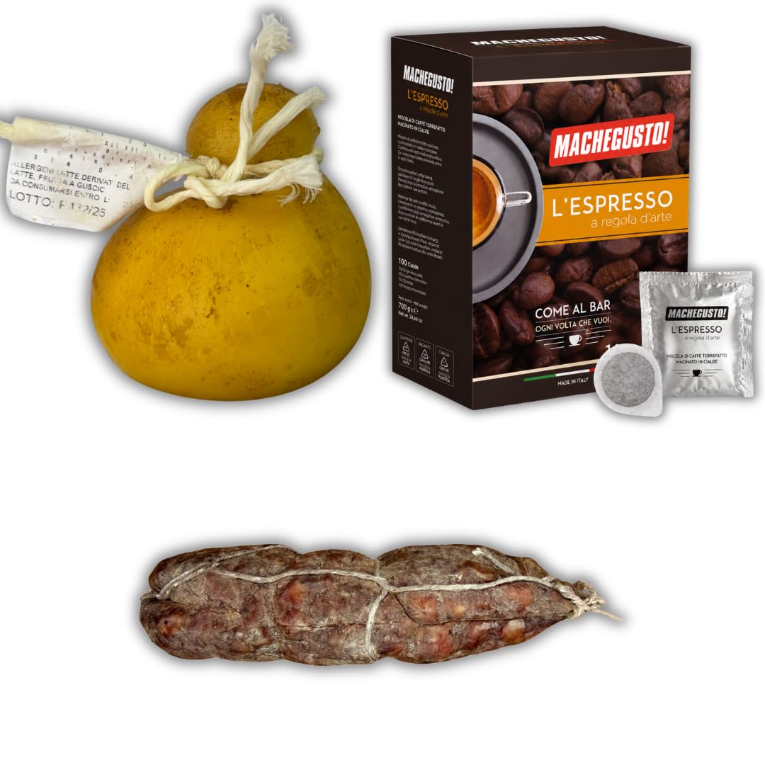Machegusto! – Coffret Gourmand Italien : Salami au Vin Rouge 290g, Caciocavallo Fumé 700g & Café Machegusto (100 dosettes E.S.E. 44 mm) – Planche Offerte