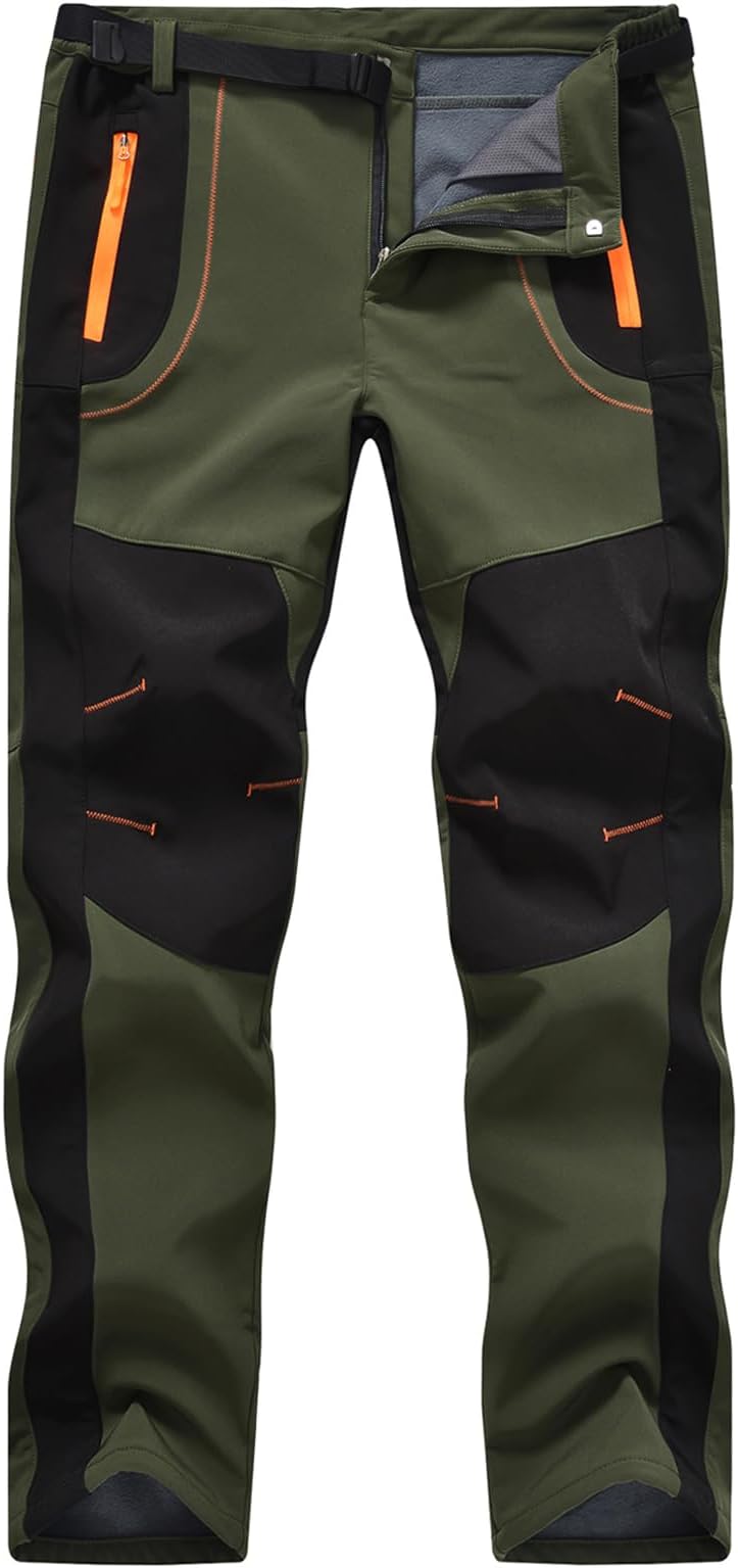 Men's Snow Ski Hiking Pants Waterproof Winter Fleece Lined Pants Camping Skiing Ice Fishing Pants with Belt