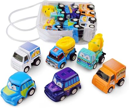 Toddler Car Toys, Birthday Gifts for Children Boys/Girls, Return Cycle Pull-Back Vehicle Car Toys Small Size Mini Cartoon Truck Engineering Toy Model 6 in 1, Pull-back