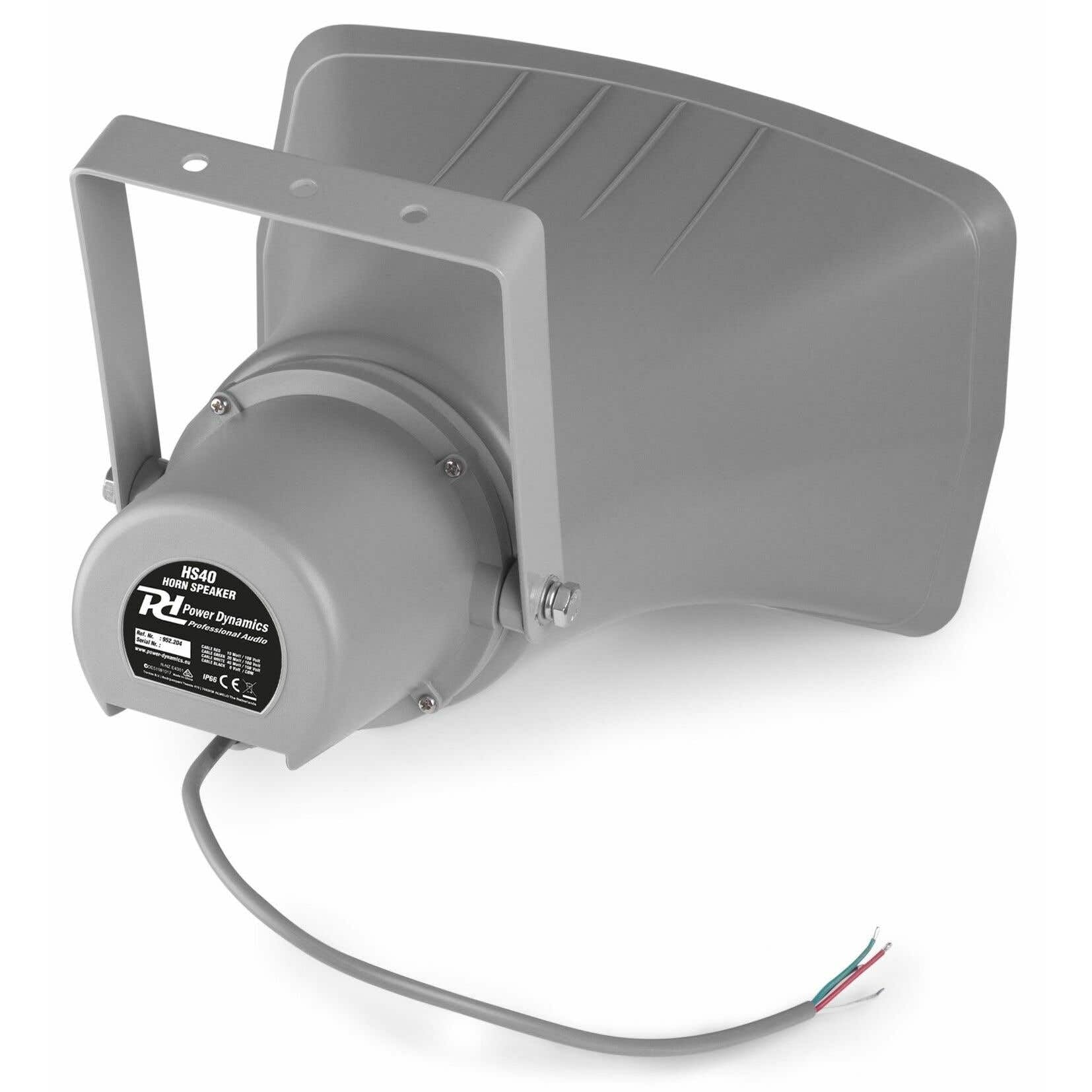 Power Dynamics HS40 - Altavoz de bocina, instalación línea 100 V, suministrado con Soporte de Montaje, Ideal para megafonía en estadios Deportivos o almacenes, 3 potencias de Salida 10W / 20W / 40W