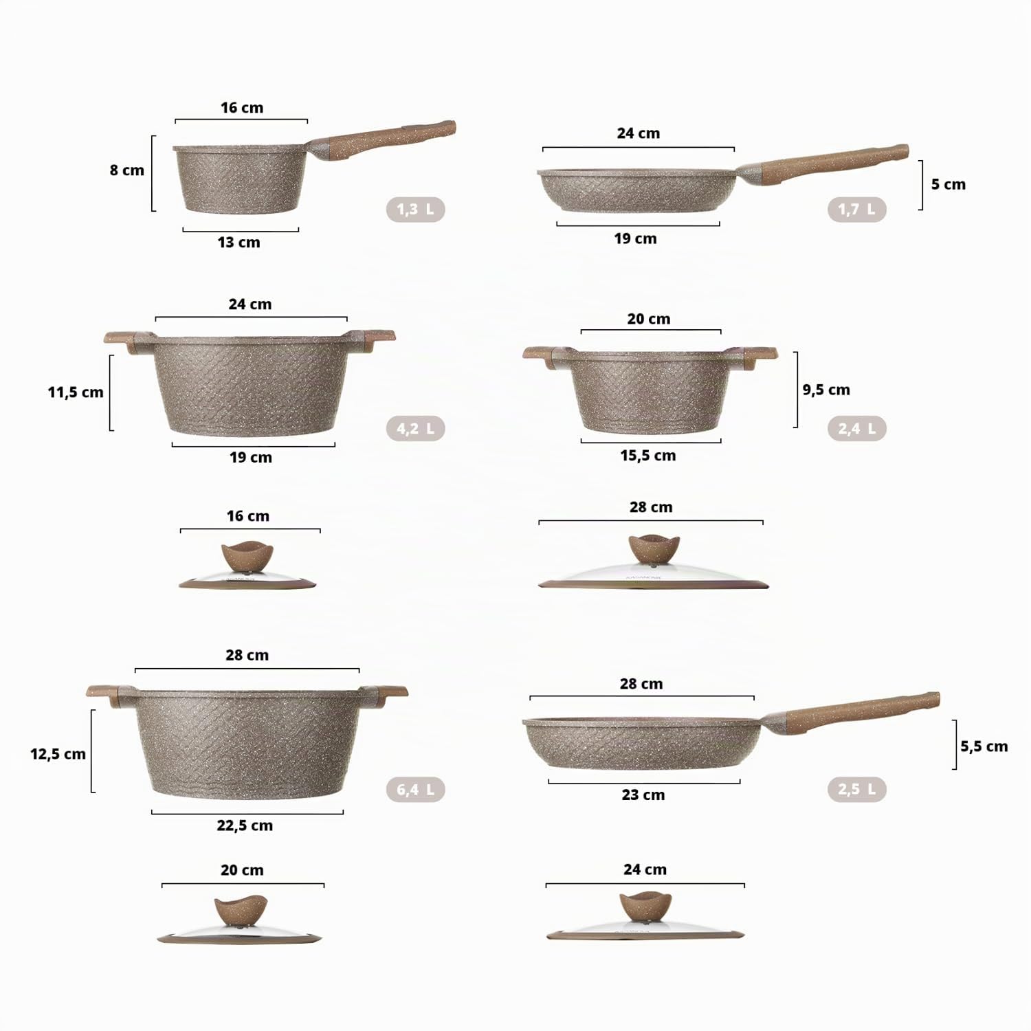 KASANOVA Set de casseroles antiadhésives 0 Graisses, batterie de cuisine pour induction et tous types de plaques, set de casseroles et poêles antiadhésives à 4 couches avec design moderne. (10 pièces)