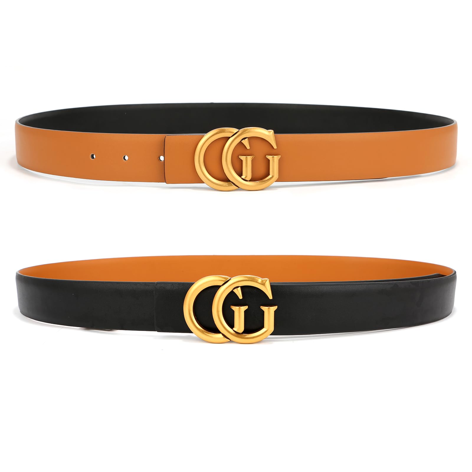 Mens & Womens Reversible Leather Belt with Gold Buckle for