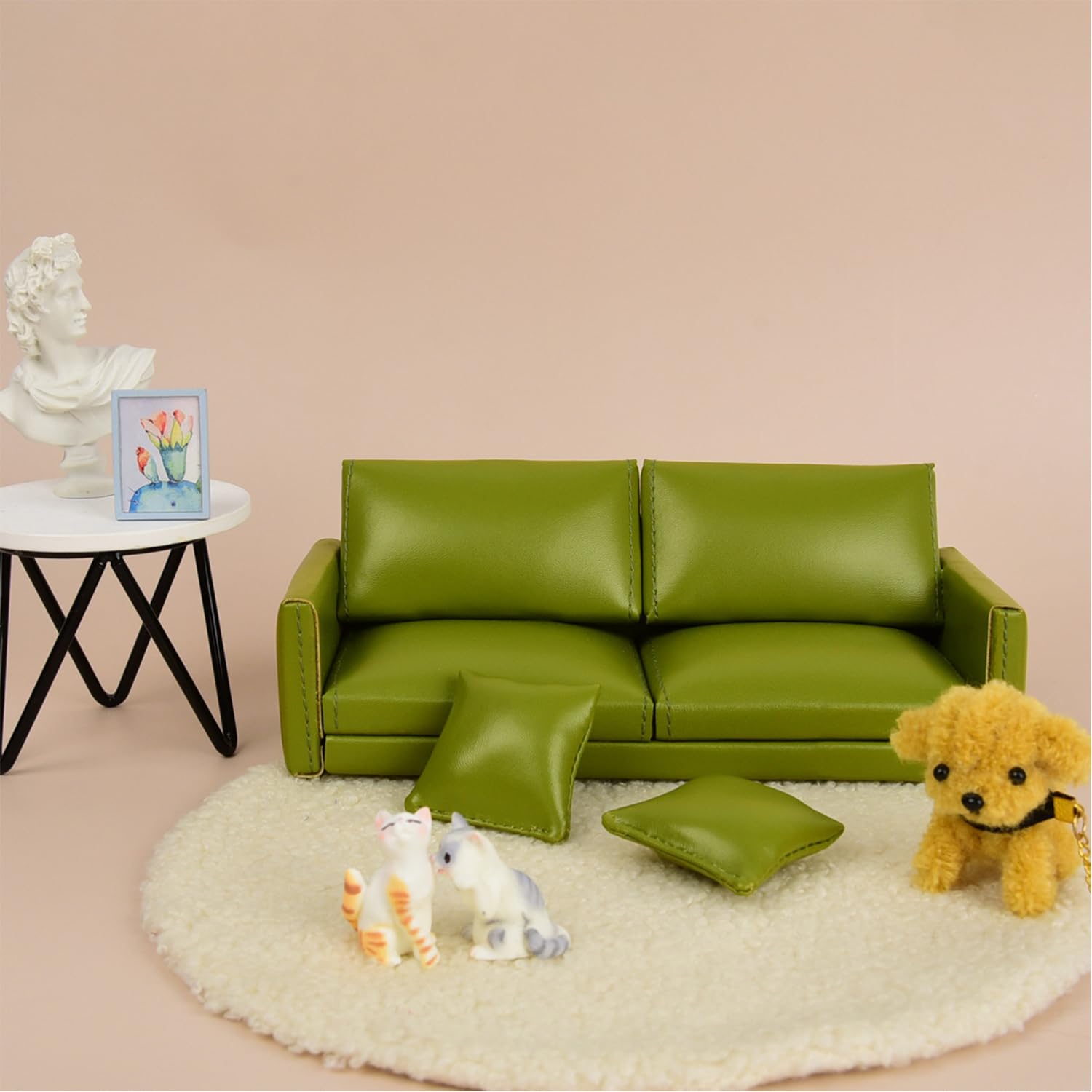 Minamzee 1:12 Dollhouse Leather Sofa, Miniature Modern Double Sofa with Pillows - Image 4