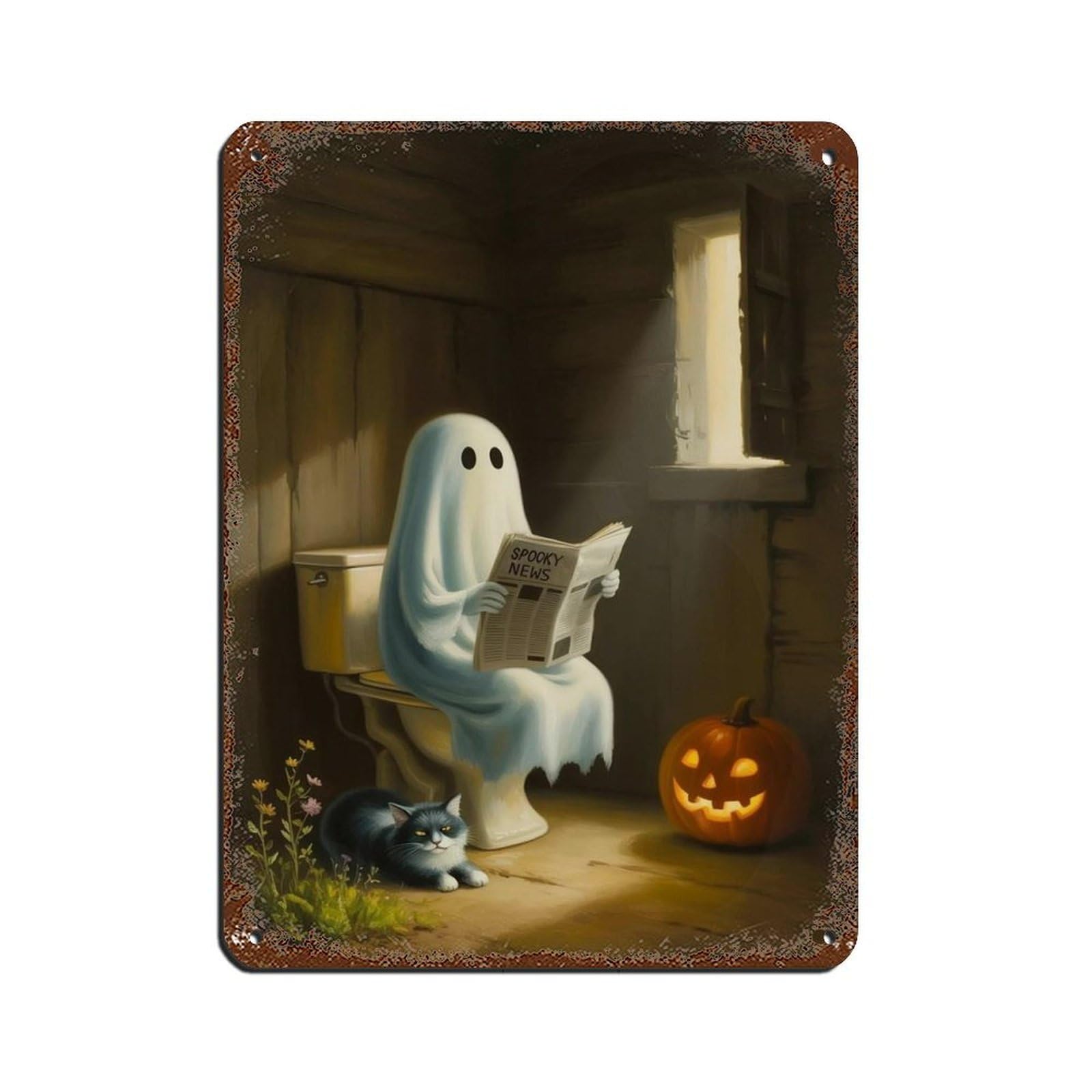 Ghost Reading A Newspaper on Toilet Poster (3) Retro Poster Metal Tin Sign Chic Art Retro Iron Painting Bar People Cave Cafe Family Garage Poster Wall Decoration 12x16inch(30x40cm)