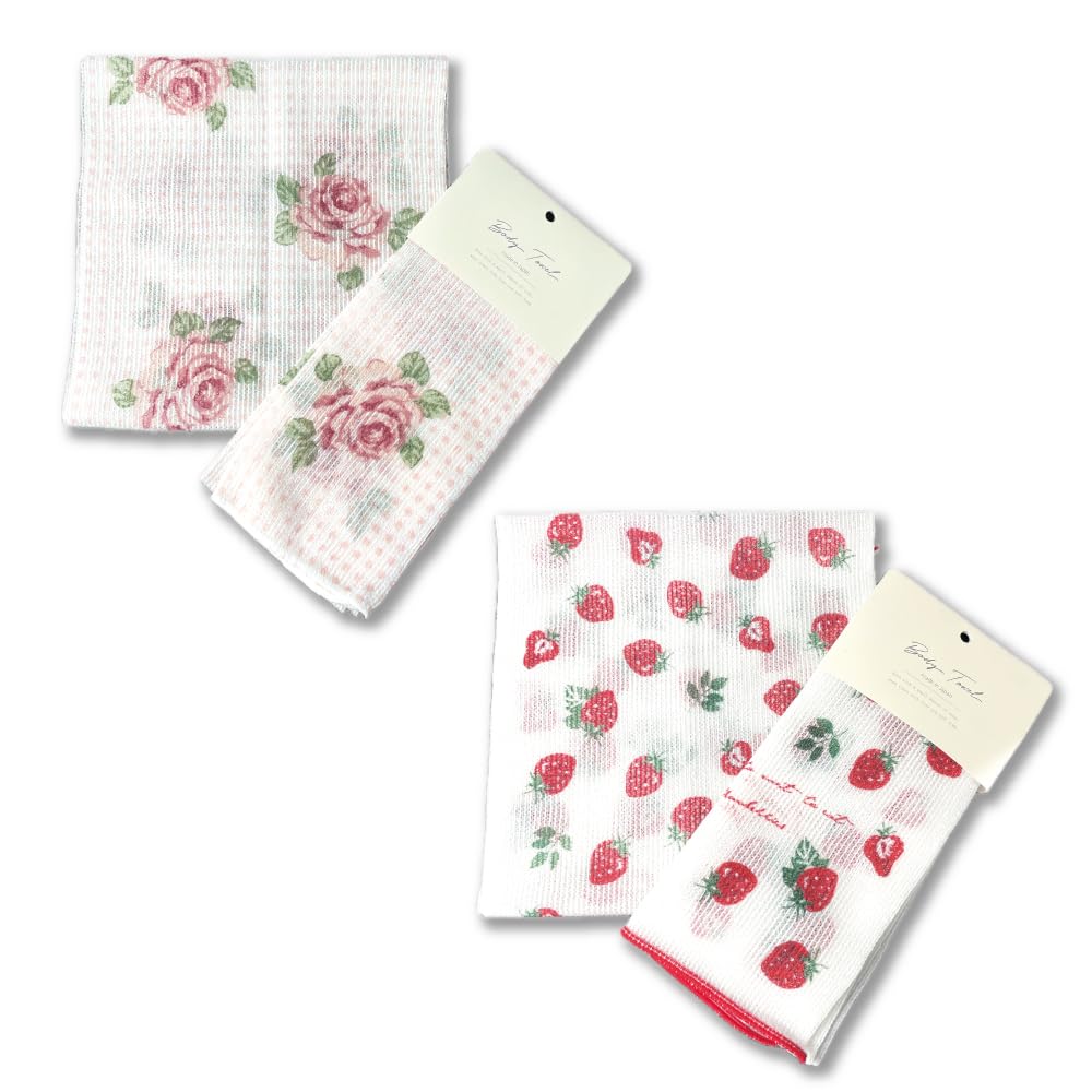 Exfoliating Washcloth [Made in Japan] Shower Back Scrubber showcasing Charming Design Patterns, Exfoliating Towel [Loofah for Women and Men] (Set of 2 (Dot Rose, Strawberry))