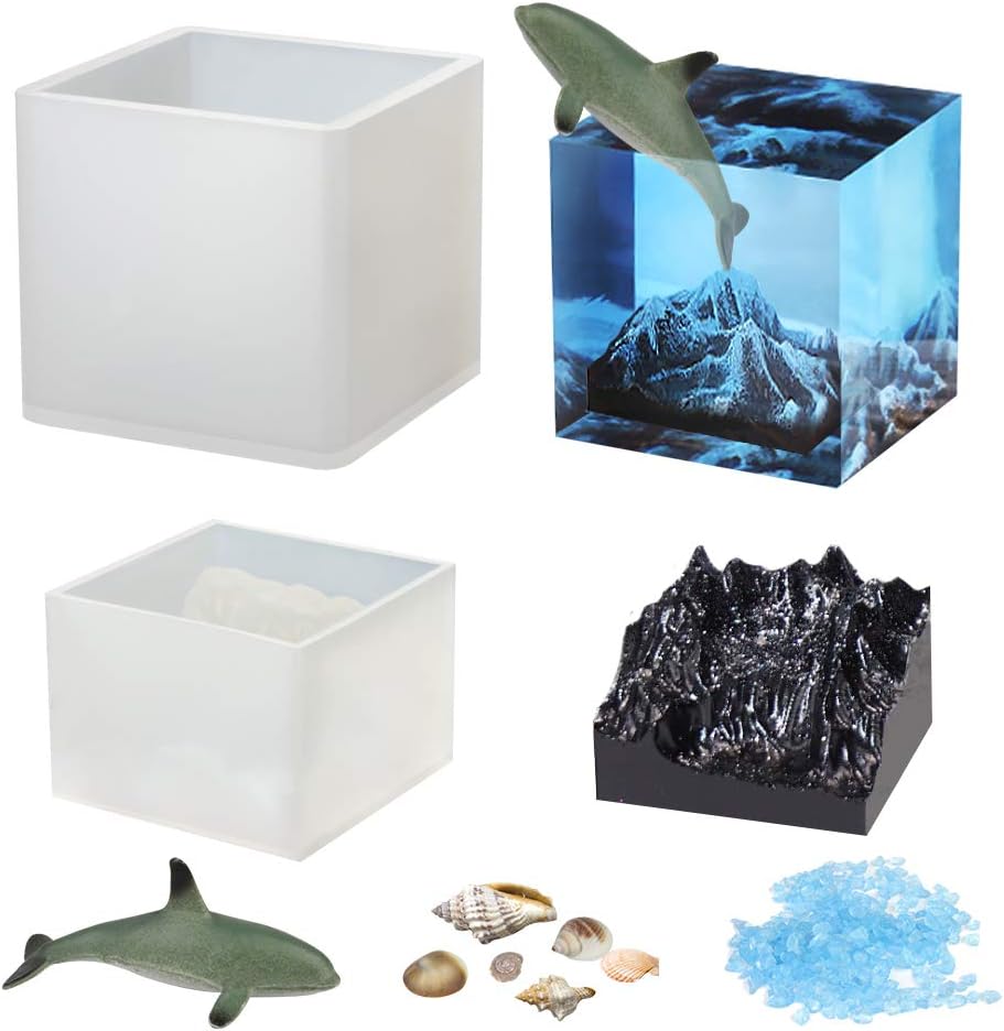 Vindar 3 Inch Large Square Resin Mold, Mountain Peak Silicone Mold with Dolphin, Shells and Blue Sand for Landscape Decoration