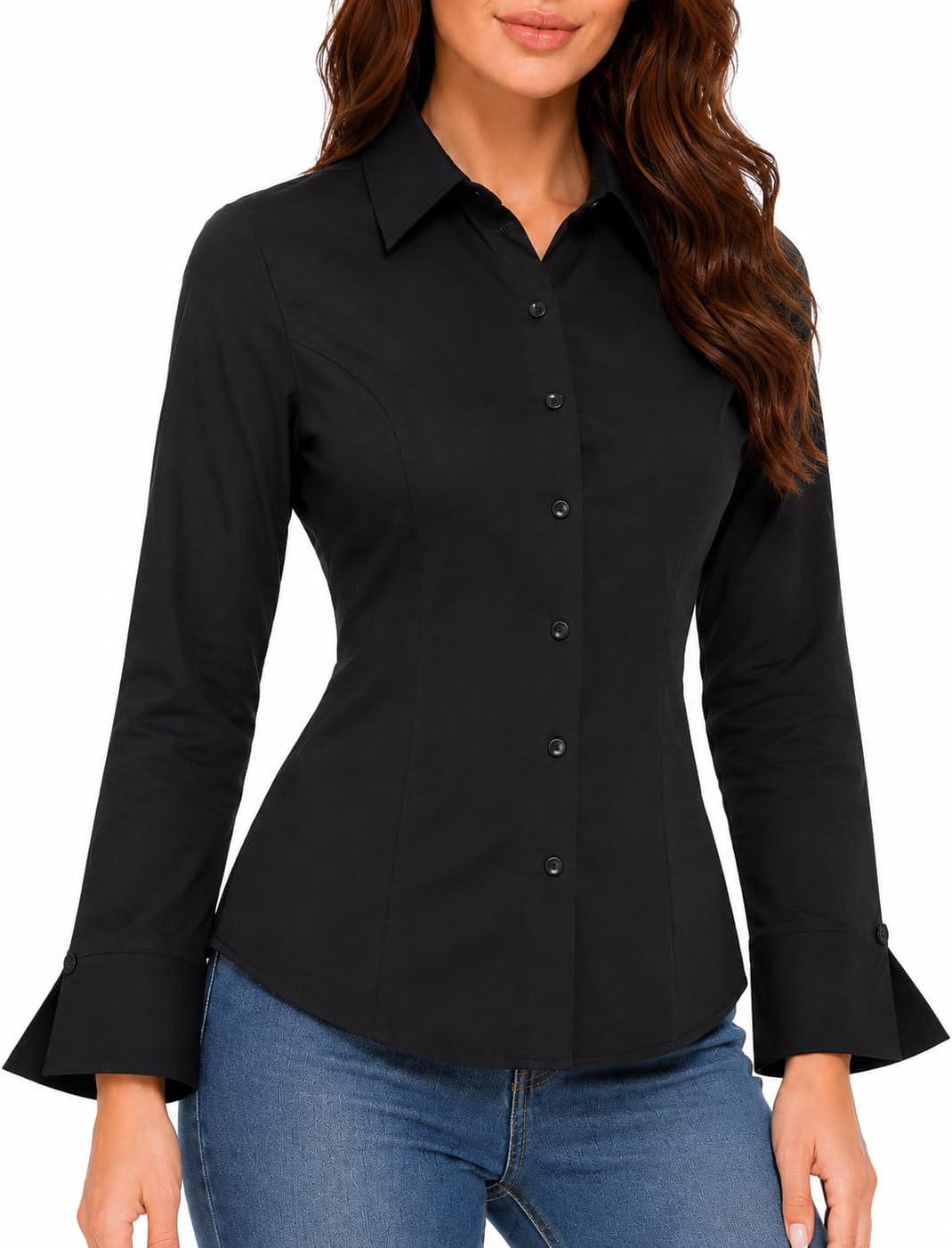 Sunzel Women's Lace-Up Back Blouse, Long Sleeve Fitted Button Down Going Out Top with Collar and Split Flared Cuffs