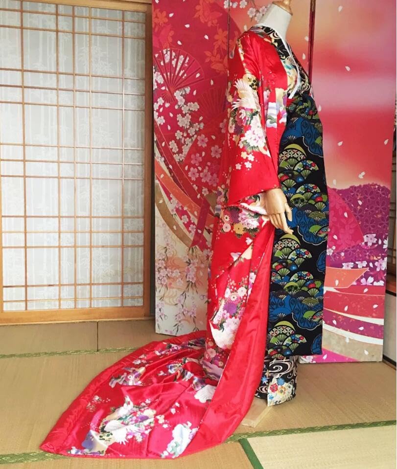 Amazon.co.jp: 遊女 芸者 振袖 成人式 赤色 着物 花柄 袴 卒業式