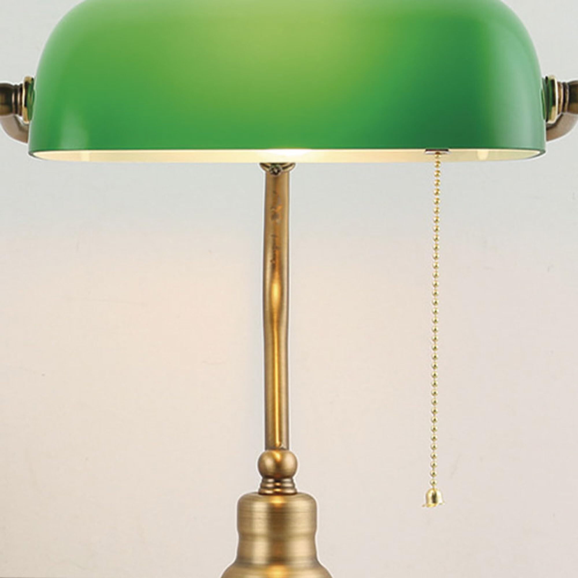 BARCELONA LED Lampe Banquier Vintage E27 Abat-Jour Verre Vert Orientable, Lampe Bureau Rétro Métal Laiton Vieilli Interrupteur Chaîne