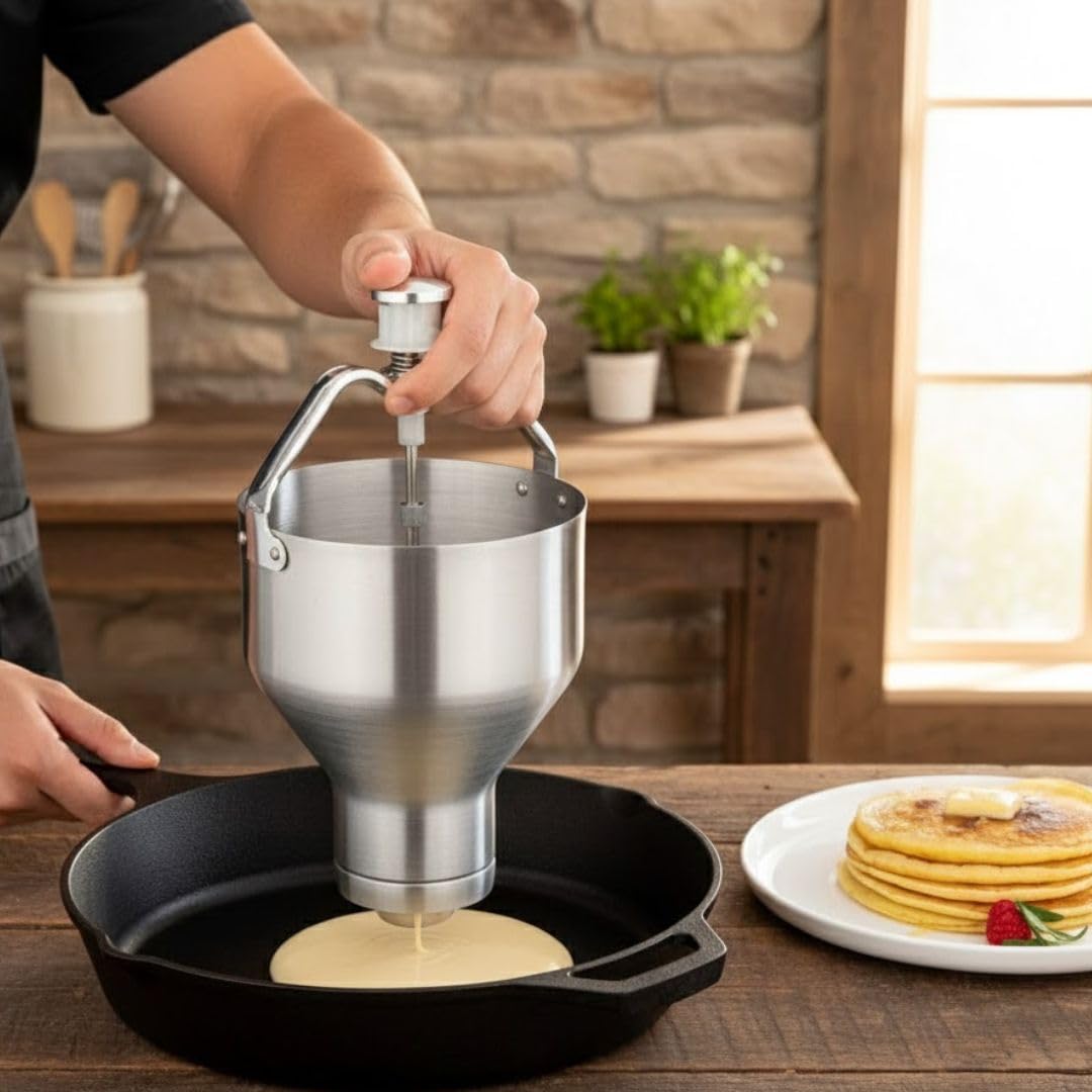 Soro Essentials- 64 oz. Stainless Steel Heavy Duty Pancake Batter Dispenser with Spring Action Lever (7) Weight Options- Pancake Cupcake Batter Dispenser Batter Separator Bakeware Cupcakes Waffles