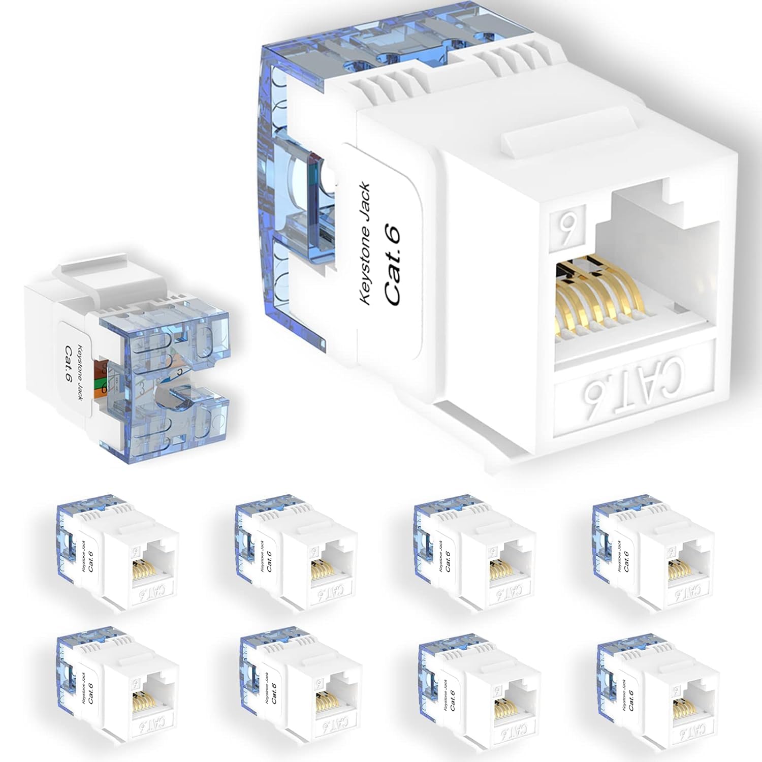 SCHOFIC Cat6 RJ45 Keystone Jacks Slim Profile, 180-Degree Ethernet Wall Jack Punch Down, Cat5e Cat5 Keystone Module Connector UTP, 110-Type for Wall Plate, Patch Panel (White) (Pack of 12)