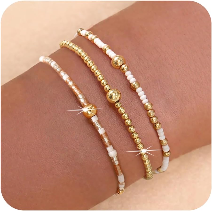 3Pcs Stack Gold Plated Ball Seed Beaded Bracelets Set For Women, Boho Handmade Colorful Cute Unique Stretch Accessories Smooth Jewelry, Summer Beach Daily Party Friendship Gift - Image 7