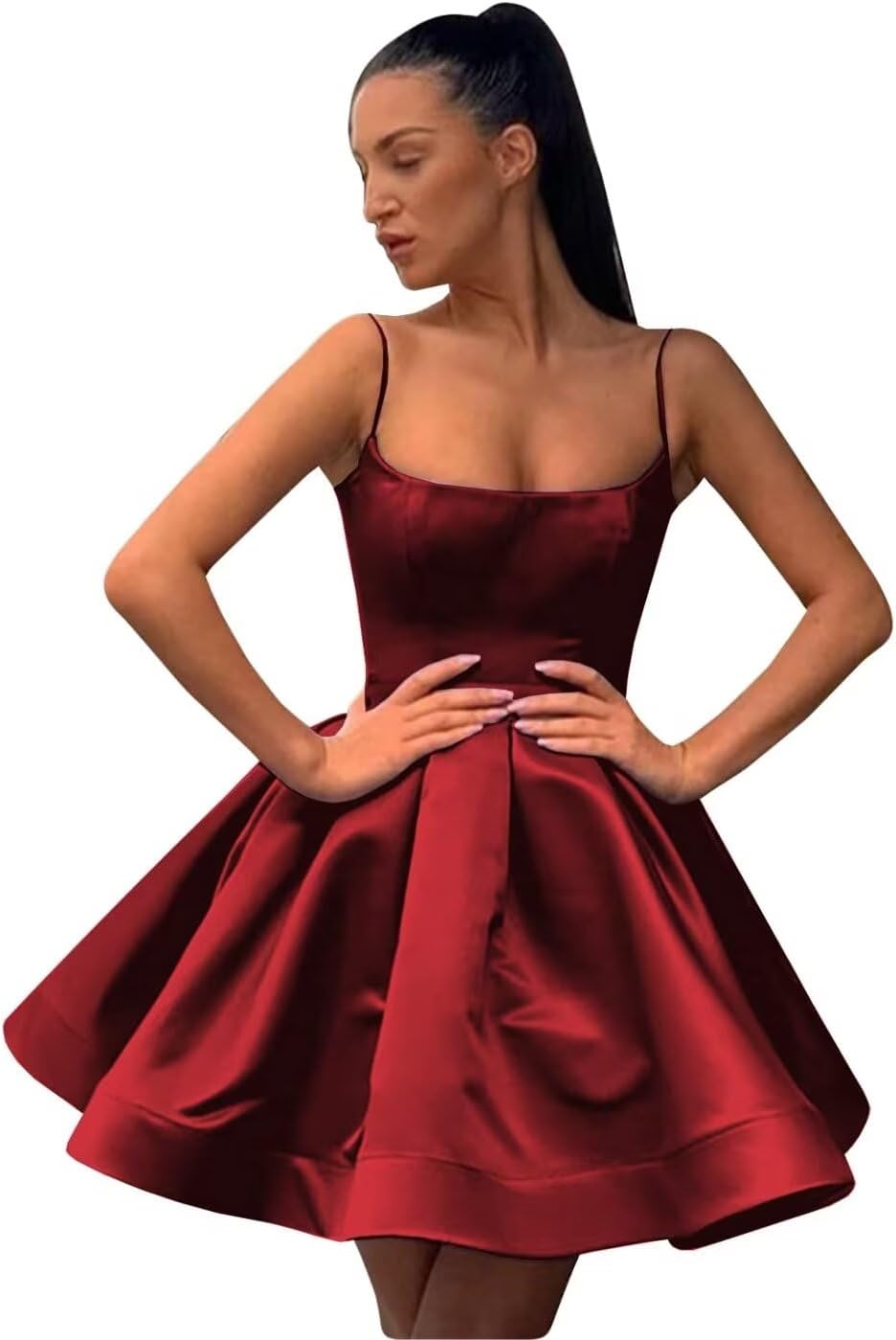 A-line Satin Homecoming Dress Spaghetti Straps for Women, Short Square Neck Cocktail Dress Sleeveless Prom Dress