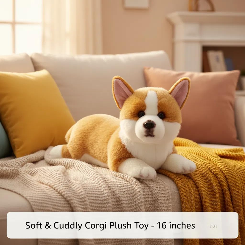 Lifelike Welsh Corgi Plush Toy, 16 inch Pembroke Dog Stuffed Animal, Soft Handmade Lying Puppy