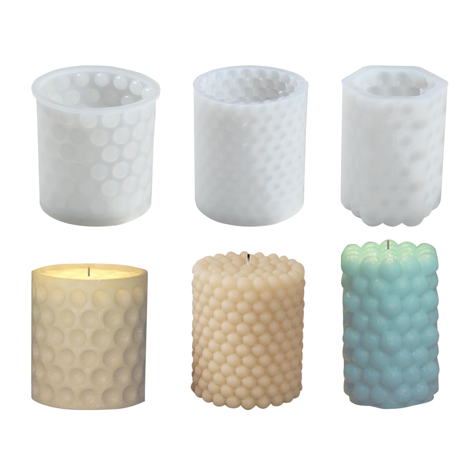UR URLIFEHALL 3 Pcs 3 Styles Bubble Candle Moulds with Candle Wicks Hexagon Cylinder Silicone Moluds for DIY Candles Soap Aromatherapy Crafts
