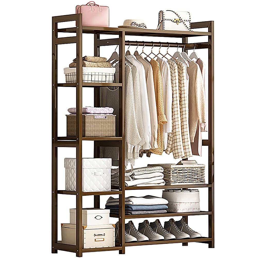 XDLEDMKIZ Bamboo Clothes Rack with Compartments and Storage Shelves Portable Freestanding Coat Stand and Garment Hanger for Bedroom and Entryway