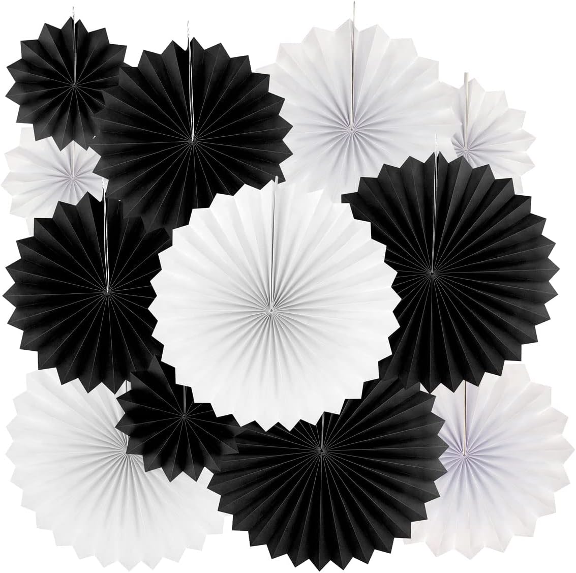 Black White Party Hanging Paper Fans - Wedding Retirement Graduation Birthday Engagement Bridal Shower Party Ceiling Hangings Photo Booth Backdrops Decorations, 12pc