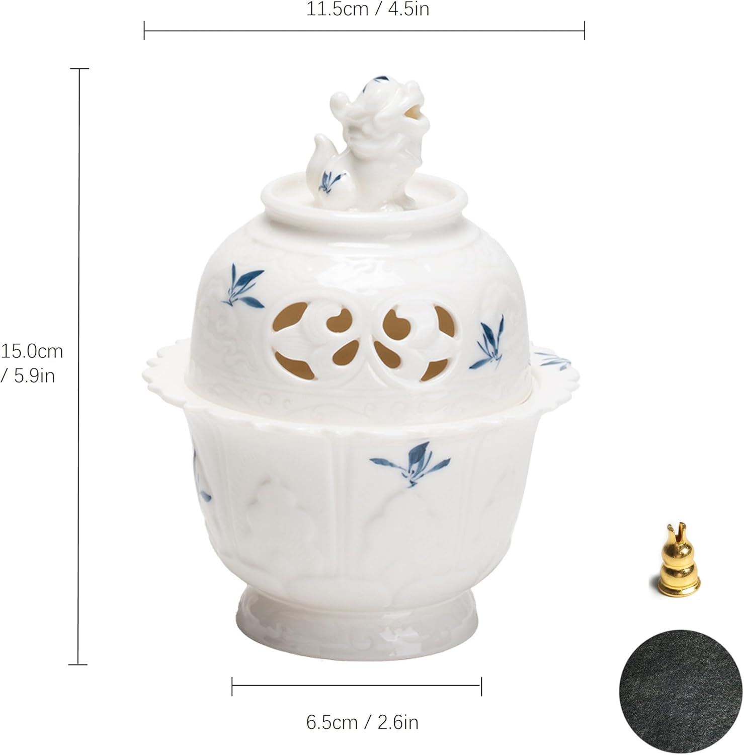 Zen-Style Incense Burner (Celadon), Ceramic Incense Holder Featuring a Lion Sculpture, Adorned with Cloud Patterns and a Buddha Light Decoration, Elegant Chinese Incense Burner for Home Décor (White)