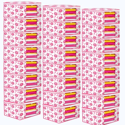 Image of Flower Printed Saree Covers for Cloth Storage & Wardrobe | Transparent Window, Zipper Closure | Pink-White | Pack of 24 | Dustproof Breathable Storage Bag for Travel & Home Use