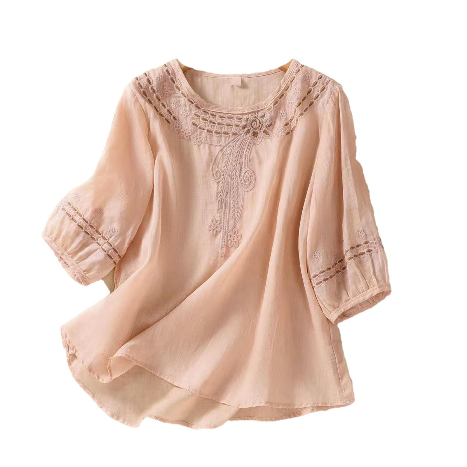 Chemisier rétro en coton et lin brodé à manches courtes pour femme Printemps et été Manches mi-longues Style chinois Haut ample