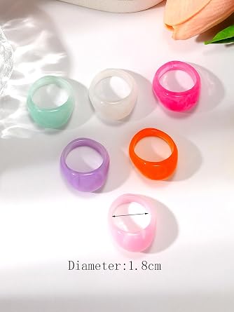 カラフルな樹脂製の分厚いイヤリング6個セット ユニークなアクリルプラスチックナックルジョイントフィンガーリング 幅広で厚いドームスタッカブルリング 美的Y2k ステートメントリング, adjustable, 亜鉛, 宝石なし