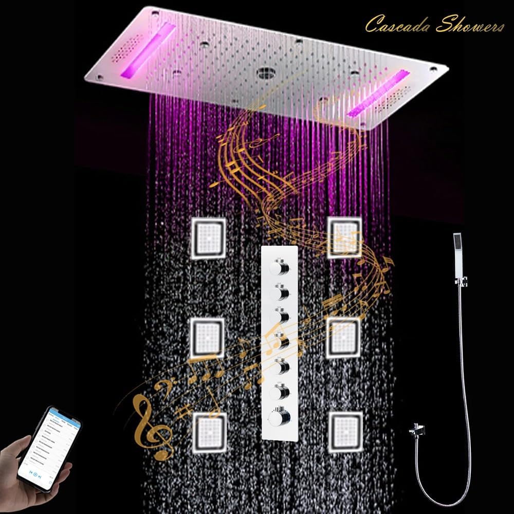 Cascada Luxurious Recessed 15" x 32" Bluetooth LED Shower System, 7 knob Thermostatic Valve, 6 Functions (Rainfall, Waterfall, SPA Mist, Column, Body jet & Handheld Shower) (Polished Stainless Steel)