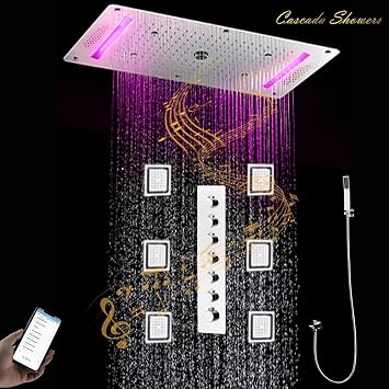 Cascada Luxurious Recessed 15 x 32 Bluetooth LED Shower System, 7 knob Thermostatic Valve, 6 Functions (Rainfall, Waterfall, SPA Mist, Column, Body jet & Handheld Shower) (Antique Brass)