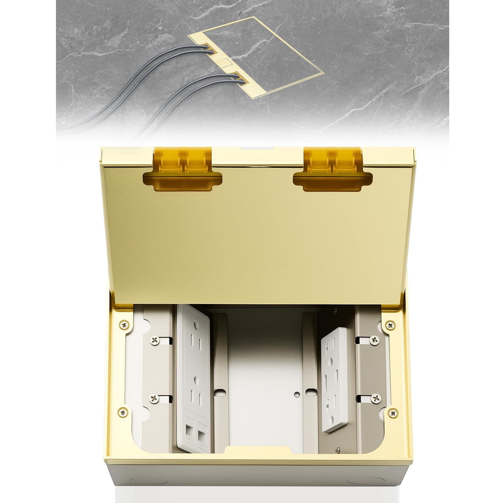 Photo 1 of Chapou Brass Recessed Floor Outlet Box, UL Listed Low Profile Waterproof Flip-up Floor Outlet with 4 AC Outlets, USB-a & USB-c Charging Ports, Dual Rj45 Ethernet Ports for Office Conference Room