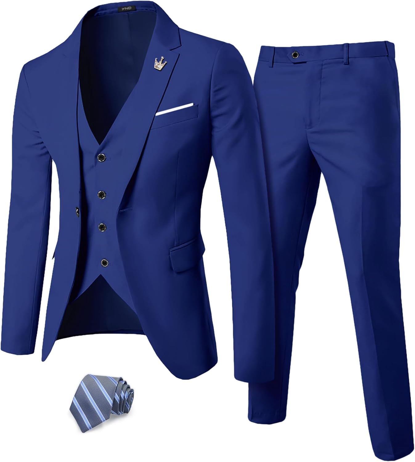 YND Men's Slim Fit 3 Piece Suit Set, One Button Solid Blazer Vest Pants with Tie