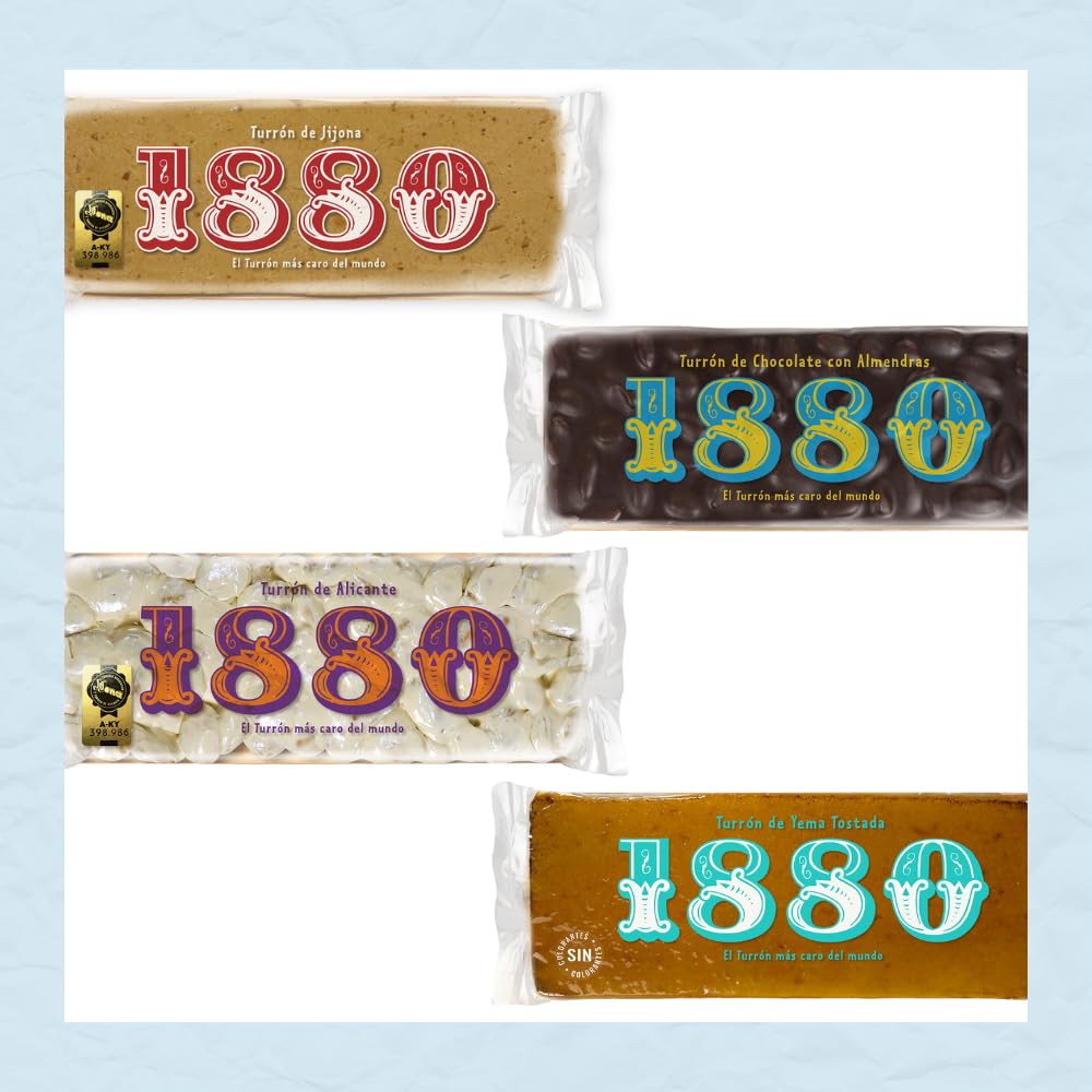 1880 - Degustación Turrones Artesana 4 gustos, Turrón de jijona, de Alicante, de Yema, de Chocolate, 4 x 75g, Pack de 300g