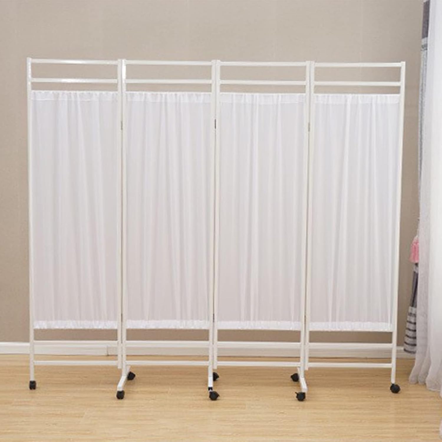 White 4-Panel Mobile Privacy Screen Room Partition, Ward/Beauty Salon/Hall Standing Door Partition, Folding Irone/White