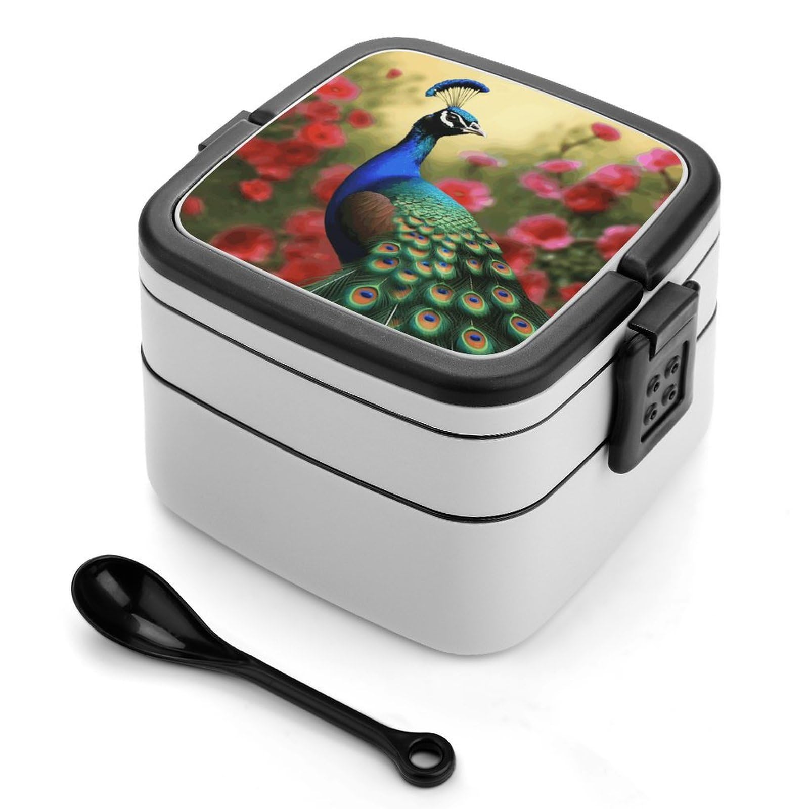VstaDank Peacock Flowers Bento Box Portable Adult Lunch Box with 2 Layer&Spoon Reusable Insulated Lunchbox Large Food Containers Leak Proof Lunch Containers for Work Camping Meal Prep