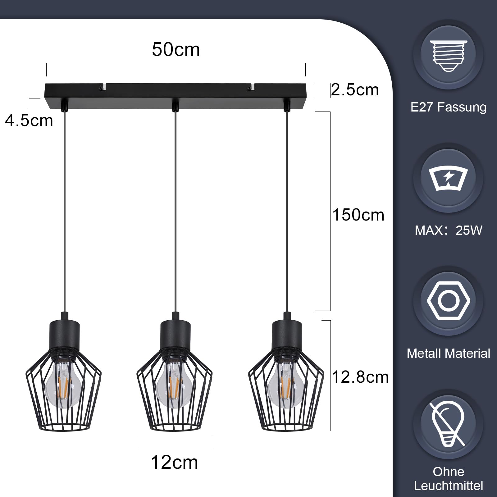 Pendellampe 3 Flammig Hängeleuchte Metall - Hängelampe Schwarz E27 Esszimmer Pendelleuchte Esstisch Küchenlampe Industrie LED für Flur Schlafzimmer Wohnzimmer Cafe