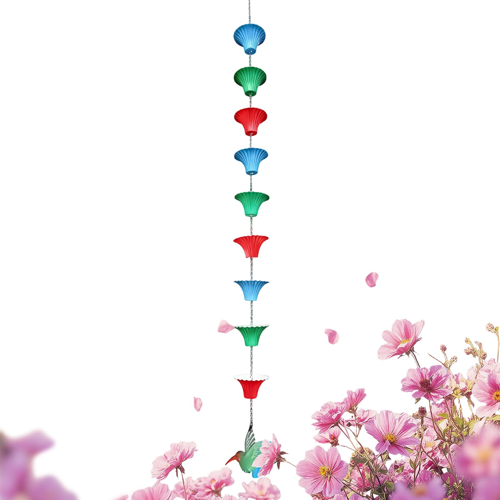 Chaîne de pluie pour remplacer gouttière bruyante avec 8 coupelles colibri