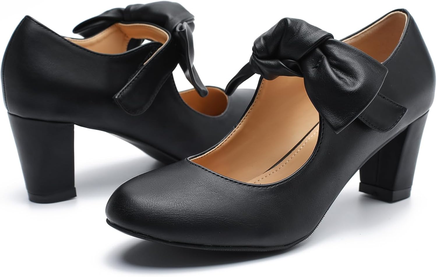 LIURUIJIA Women's Bow Mary Janes Block Heel Pumps Round Toe Ankle Strap Wedding Evening Party Dress Shoes - Image 9