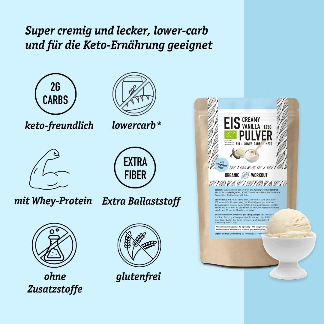 Lower-Carb* Vanille Eis Mix - Cremiges Eis mit Erythrit gesüsst, bio, ohne Zucker-Zusatz nur 2,5 g verwertbare Kohlenhydrate - keto ohne Maltit - glutenfrei, bio - 125 g, Organic Workout - 4