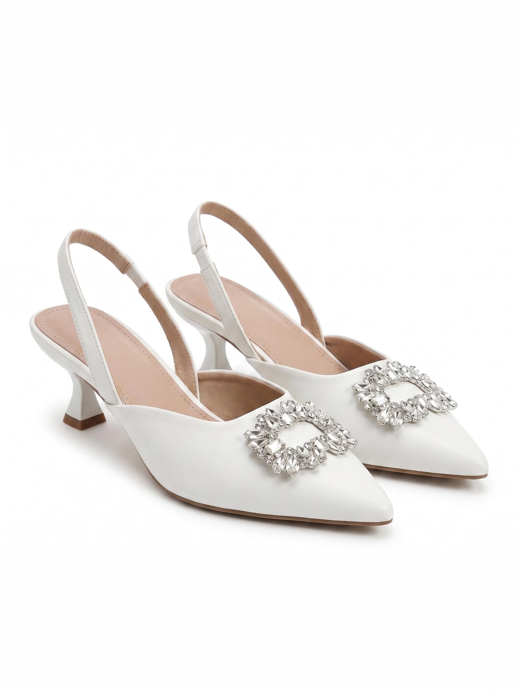 austine Women's Satin Pointed Toe Slingback Heels with Crystal Embellished Buckle, White, Bridal Style-picture-10