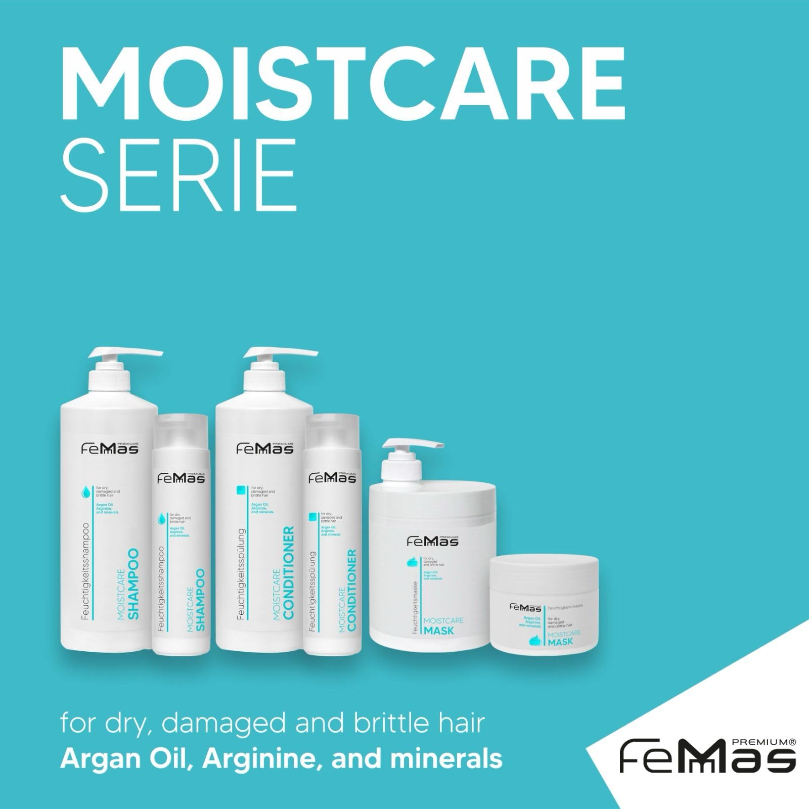Femmas Moistcare zestaw do pielęgnacji włosów, szampon, odżywka, maska, 1000 ml