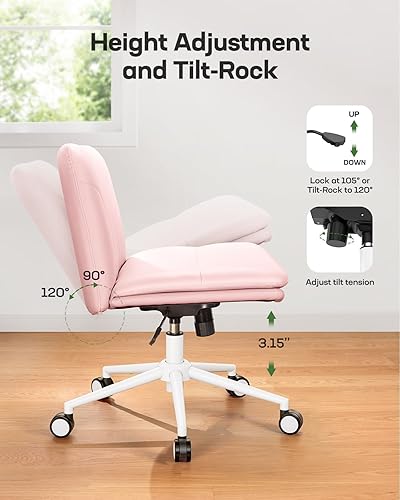 Miniatura 6 de Marsail Silla de escritorio de oficina sin brazos con ruedas silla ancha de piel sintética con patas cruzadas, cómodas sillas giratorias ajustables