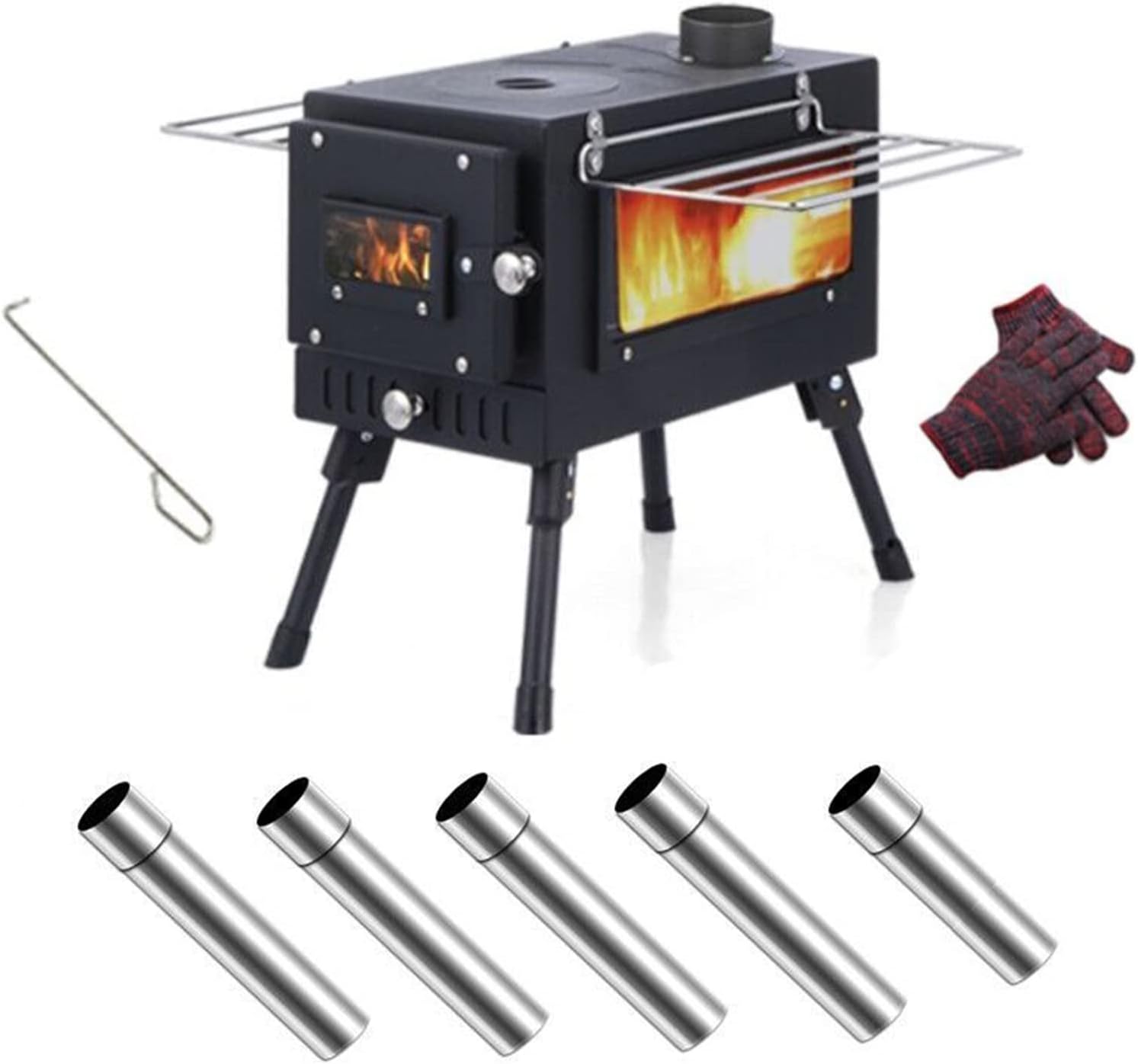 Portable Wood Burning Stove,Outdoor Tent Camping Stove,Wood Burning Camping Stove viewable window,with Chimney Pipes,for Cooking,Heating,Picnic,BBQ,Hunting,Fishing,RV Travel ( Color : Black )