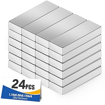 MIKEDE Magnets, 24 Pack Strong Neodymium Bar Magnets with Adhesive Backing, Rare Earth Fridge Magnet Heavy Duty, Metal Powerful Silver Magnet for Craft, Whiteboard, Kitchen Garage - 30x10x3 mm