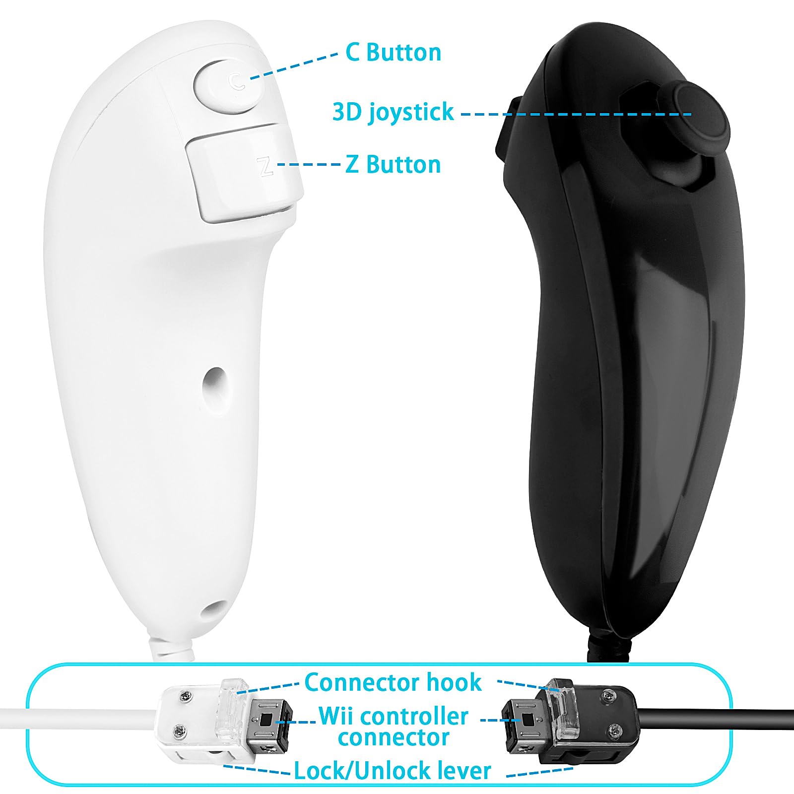 SWeien Wii Nunchuck Controller, 2 Packs Nunchuck Joystick Compatible with Wii console（Black & White） - 3