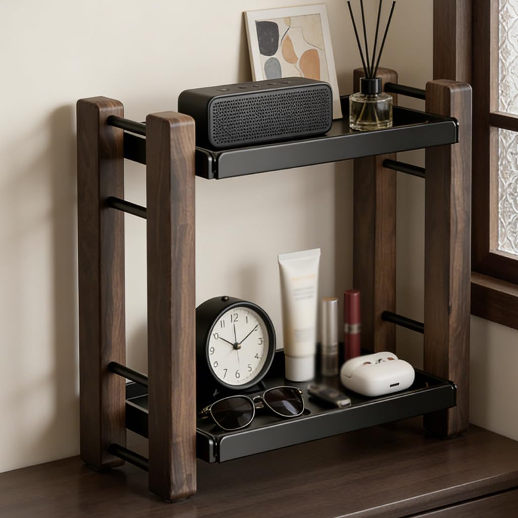 Estante expositor de tazas de café, soporte de madera de 2 niveles para encimera de cocina, oficina en casa, estación de café, bar y organizador de tarros de especias