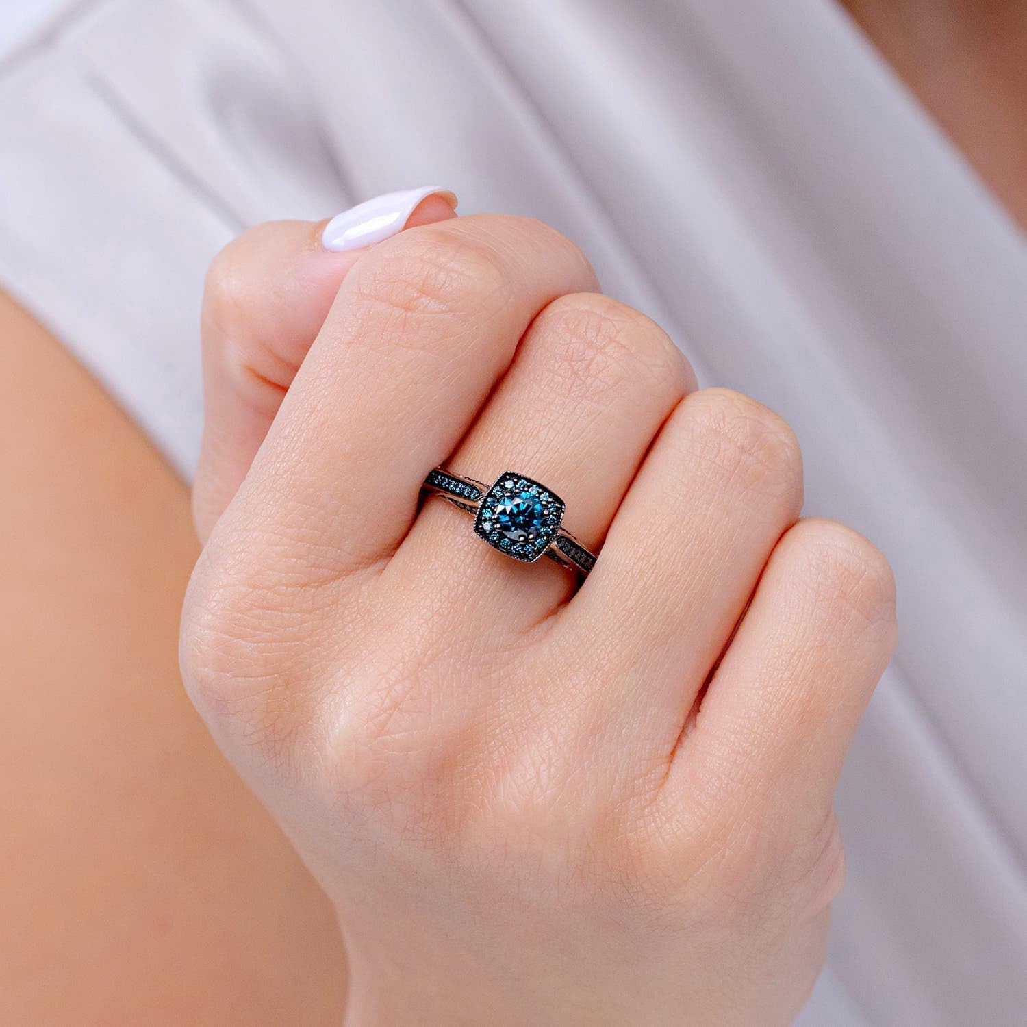 Angara Natural Blue Diamond Ring for Women | Round TRUE Halo Ring in 14K Solid Gold | April Birthday, Anniversary, Gemstone Jewellery Gift