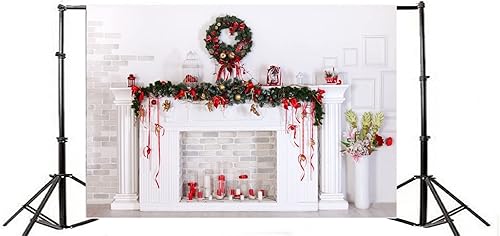Miniatura 10 de AOFOTO Telón de fondo blanco para chimenea de Navidad de 8 x 8 pies, adornos de Navidad blanco y rojo, velas de corona de Navidad, decoraciones de