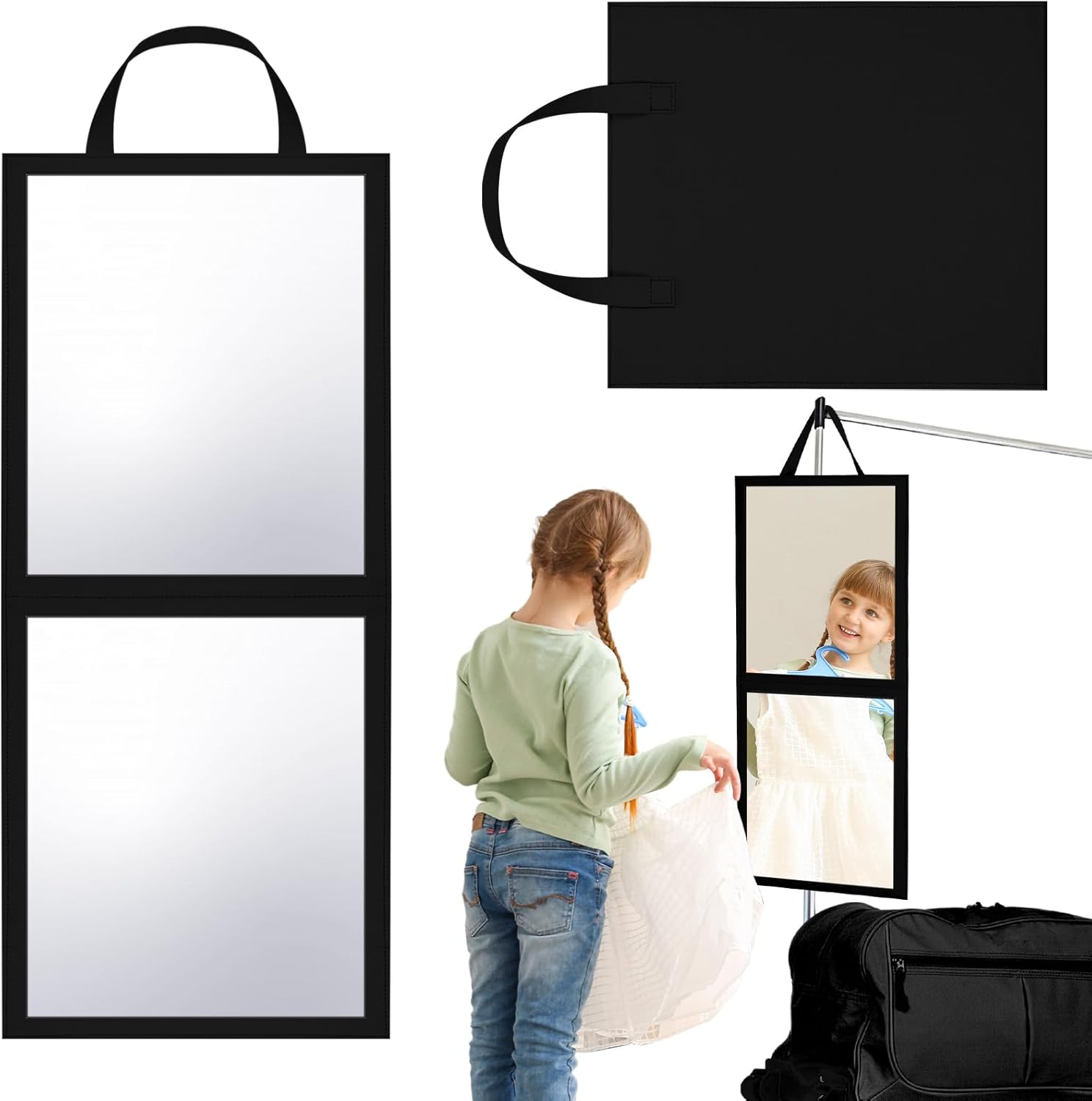 Foldable Portable Full Length Mirror for Dorm Dance Backstage Camping Travel Hanging Folding Makeup Body Mirror for Dancers Artists Home Aestheticians Spa(Black,25.6" X 12") Black 25.6"L x 12"W