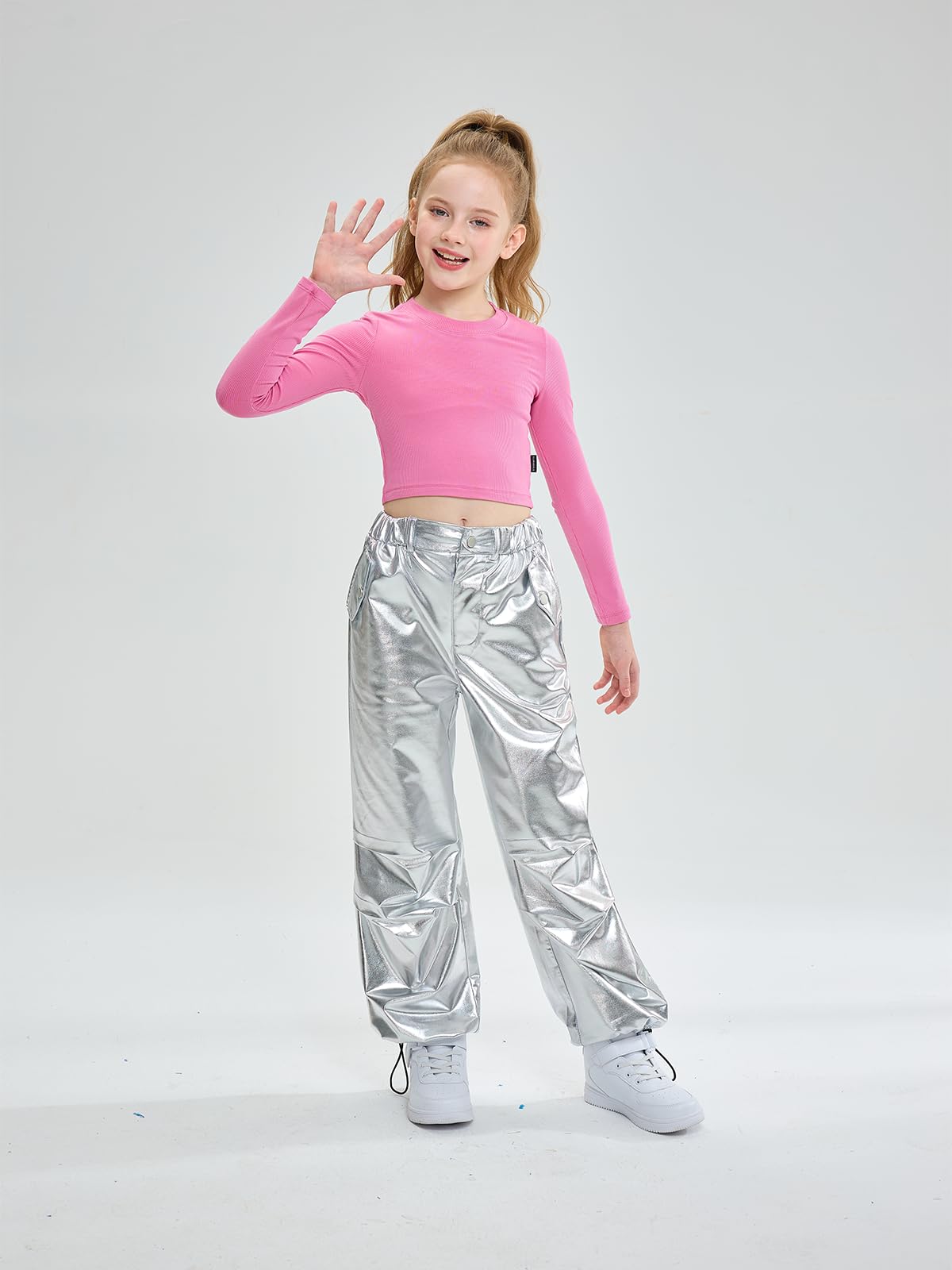 LOLANTA Pantalones de Cuero Metálico Brillante Traje de Baile Hip Hop Retro Cintura Elástica para Niños 6-13 años