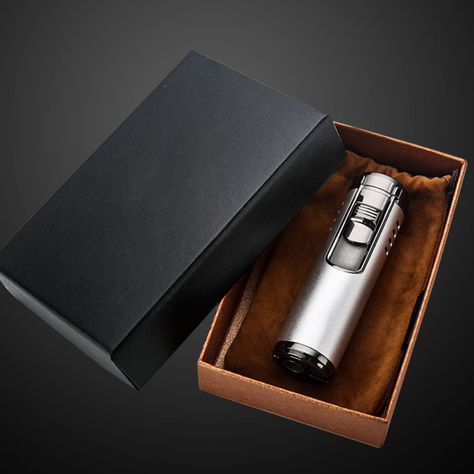 Generic Briquet Gonflable en Métal Cylindrique 4 Jet Flamme Rouge Rechargeable Butane Briquet Cigarette Allume-Cigare Accessoires Fumeurs pour Hommes,Silver