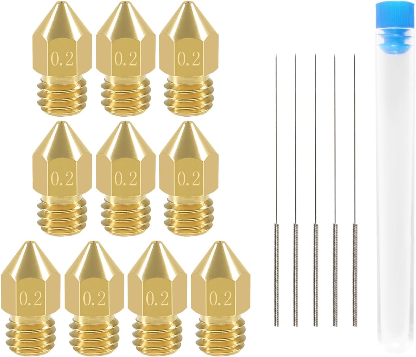 Aokin 10 Pcs 0.2mm 3D Printer Nozzles MK8 Extruder Nozzles and 5 Pcs 0.15mm Stainless Steel Nozzle Cleaning Needles for Creality Ender 3/3 Pro/3 V2, Ender 5/5 Pro, CR-10/10S, Makerbot, Anet A8